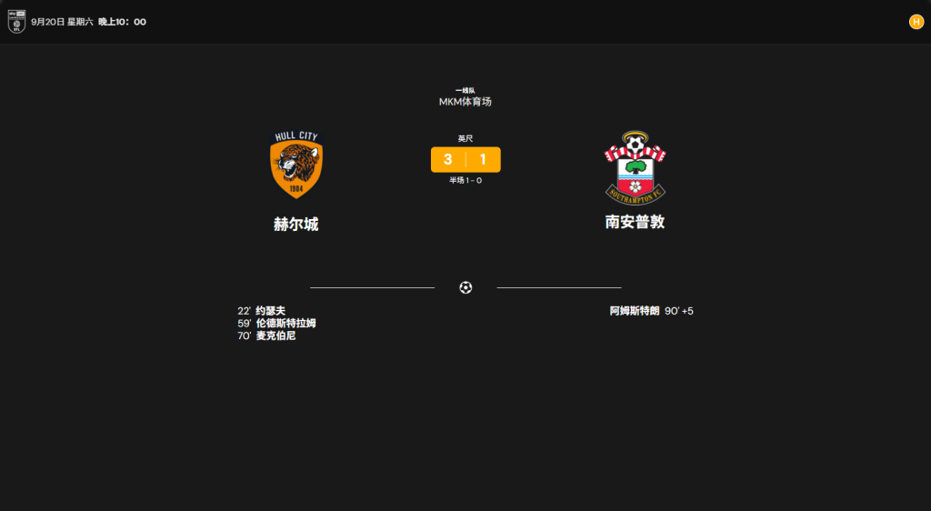 赫尔城 3:1 南安普敦